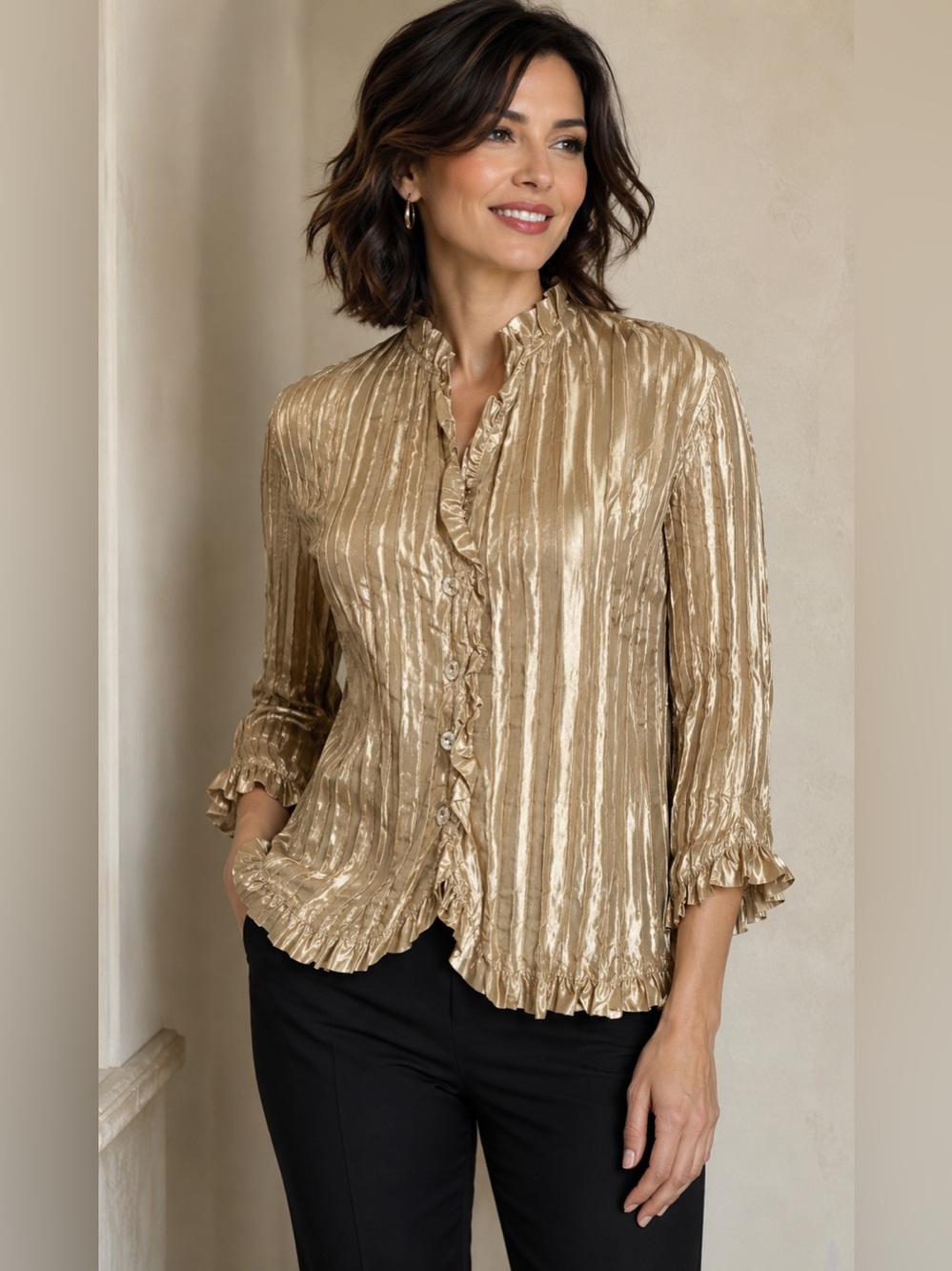 MSK Gold Ruffled Women's Top Size Small. Avant-Garde. Metallic look. Feminine.